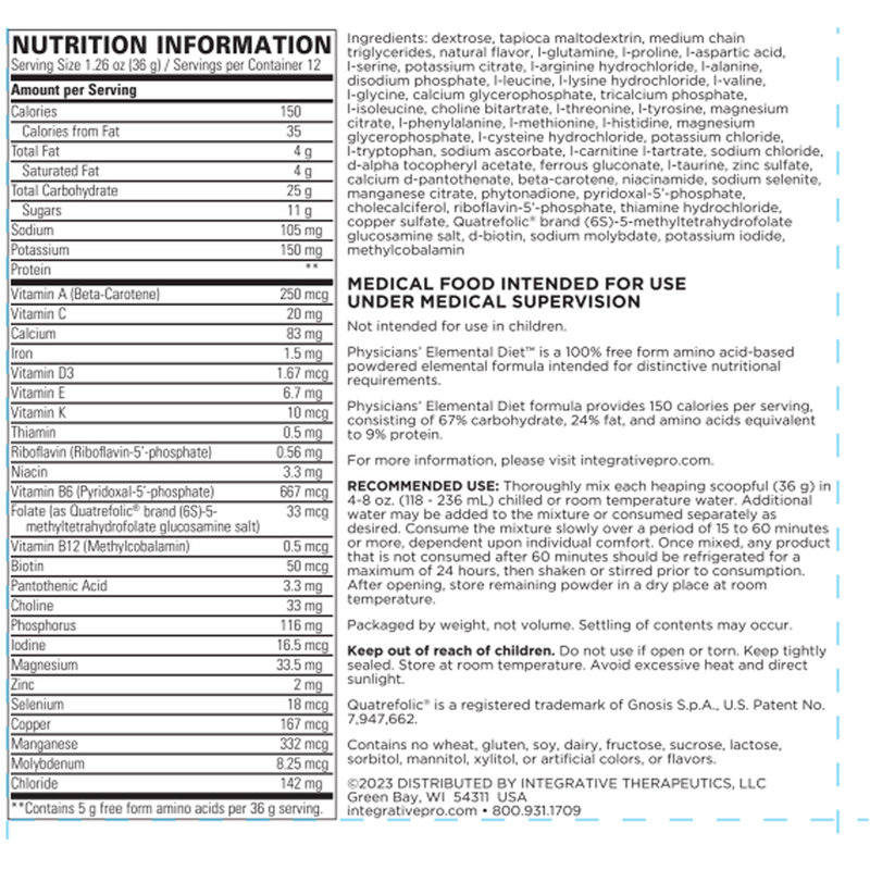 Physician's Elemental Diet (Integrative Therapeutics) Supplement Facts