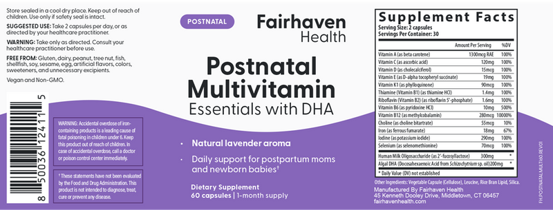 postnatal multi essentials with dha fairhaven health label