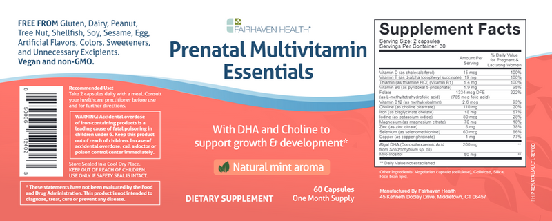 prenatal multivitamin essentials fairhaven health label