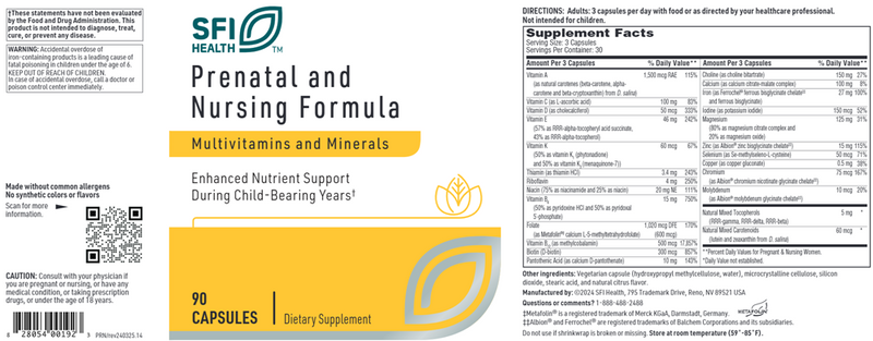 prenatal & nursing formula sfi health label