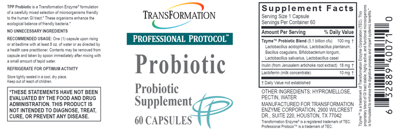 Probiotic 60 Caps (Transformation Enzyme) Label