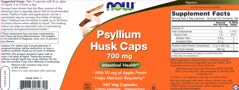 Psyllium Husk 700 mg - 360 Capsules (NOW) Label