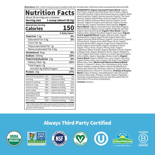 raw organic meal chocolate garden of life nutrition facts