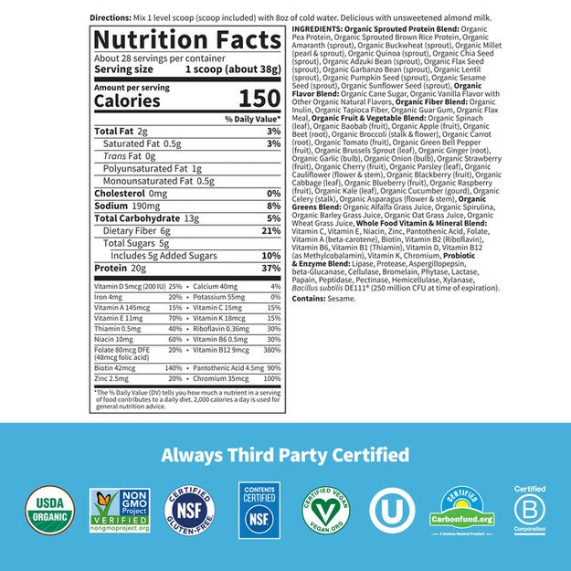 raw organic meal garden of life nutrition facts