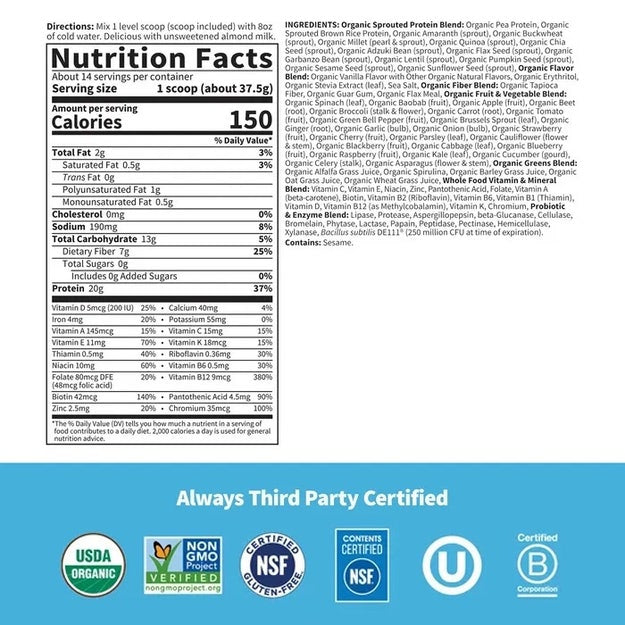 raw organic meal vanilla garden of life nutrition facts