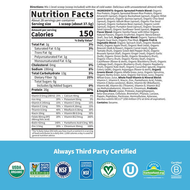 raw organic meal vanilla garden of life nutrition facts