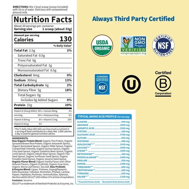 raw organic protein - vanilla garden of life nutrition facts