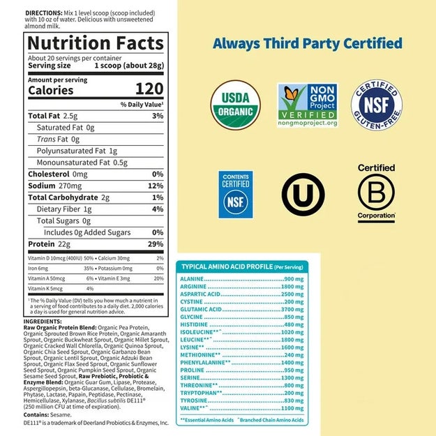 raw organic protein unflavored garden of life nutrition facts