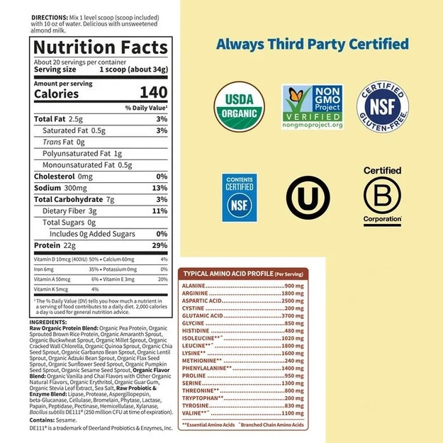 raw organic protein vanilla chai garden of life nutrition facts