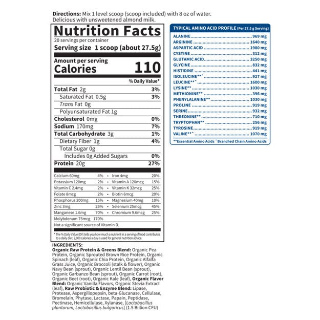 raw protein and greens vanilla garden of life nutrition facts