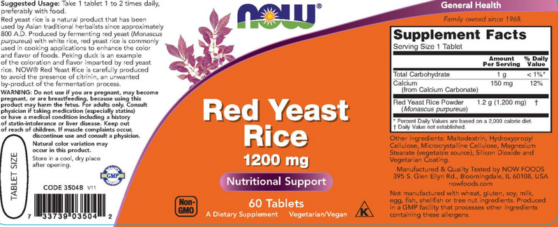 BACKORDER ONLY - Red Yeast Rice 1200 mg - 60 Tablets