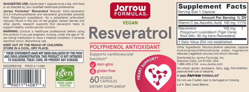 Resveratrol 100 mg Jarrow Formulas label