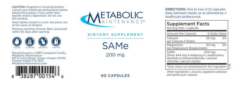 SAMe 200 mg (Metabolic Maintenance) label