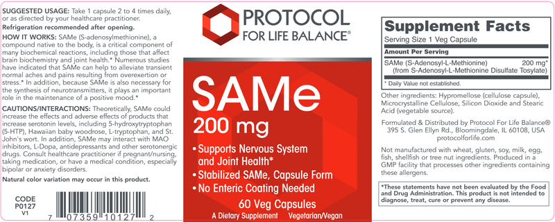 SAMe 200 mg (Protocol for Life Balance) Label