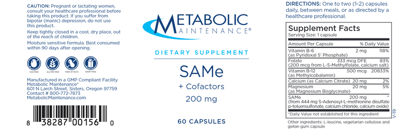 SAMe + CoFactors 200 mg (Metabolic Maintenance) label