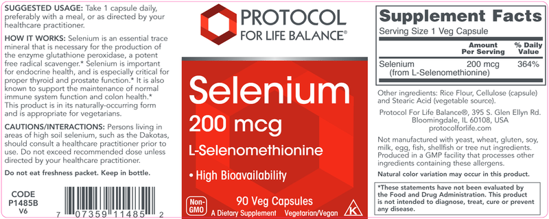 Selenium 200 mcg (Protocol for Life Balance) Label