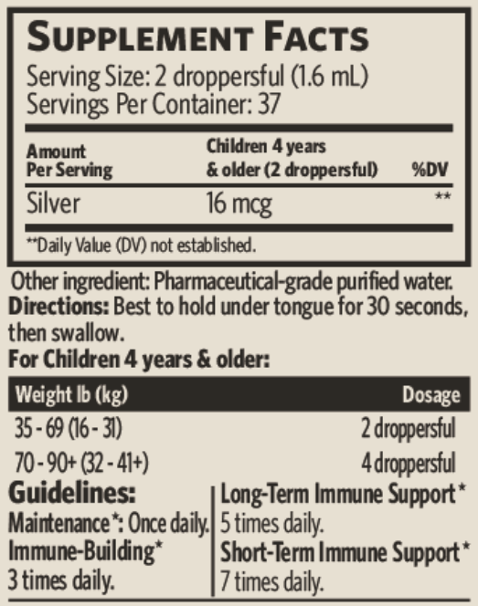 Silver Hydrosol for Kids (Sovereign Silver) supplement facts