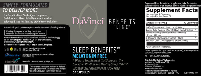 sleep benefits - melatonin free (davinci labs) label