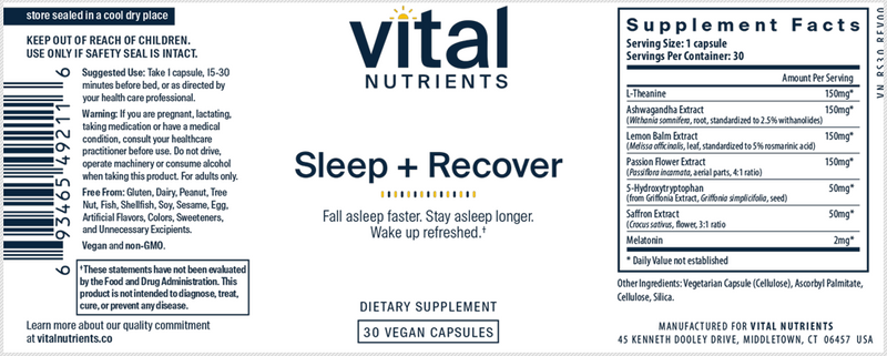 Sleep + Recover (Vital Nutrients) Label