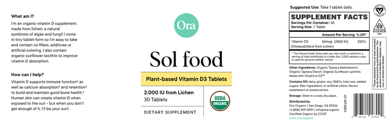 Sol Food: Organic Vitamin D3 Tablets (Ora Organic) label