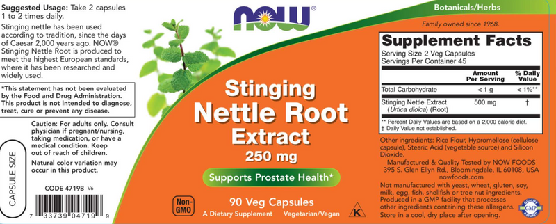 Stinging Nettle Root Extract 250 mg (NOW) Label