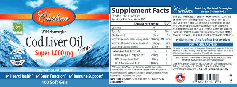 Super Cod Liver Oil 1000 mg (Carlson Labs) 100ct label