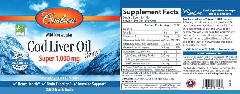 Super Cod Liver Oil 1000 mg (Carlson Labs) 250ct label