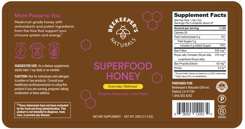 Superfood Honey 11.6oz (Beekeeper's Naturals) Label