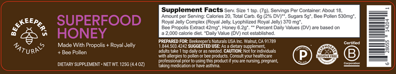 Superfood Honey 4.4oz (Beekeeper's Naturals) Label