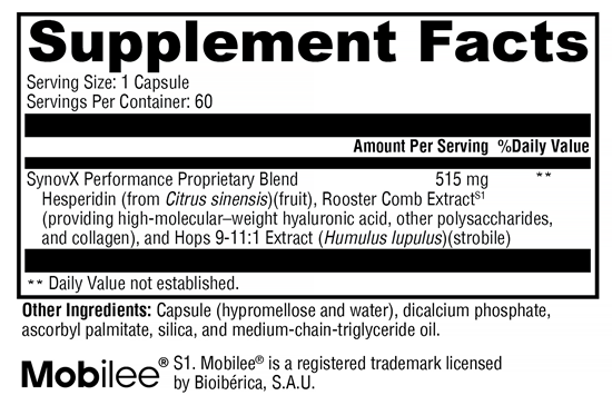 SynovX Performance (Xymogen) Supplement Facts