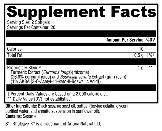 SynovX Relief (Xymogen) Supplement Facts