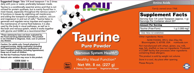 Taurine Powder (NOW) Label