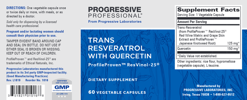 Trans-Resveratrol w/ Quercetin (Progressive Labs) Label