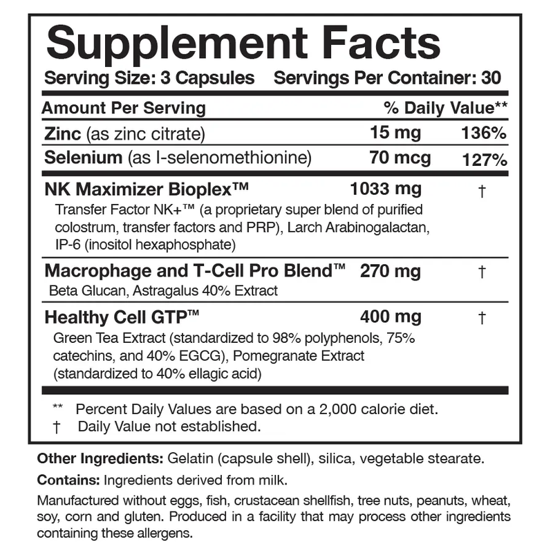 Transfer Factor Multi-Immune (Mushroom-Free) Researched Nutritionals supplement facts