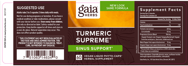 Turmeric Supreme Sinus Support Gaia Herbs label