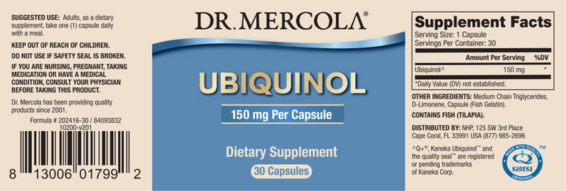 Ubiquinol 150 mg (Dr. Mercola) label