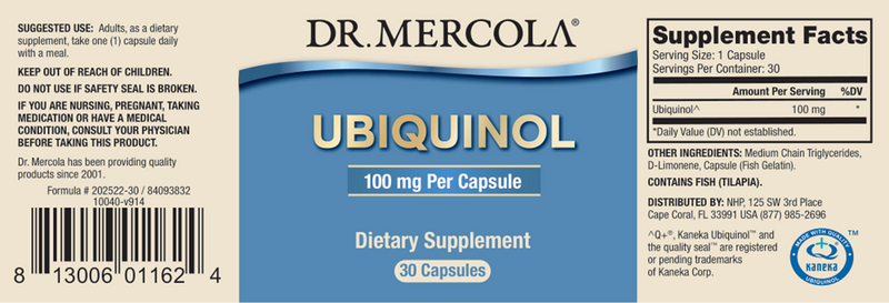 Ubiquinol 100 mg (Dr. Mercola) label