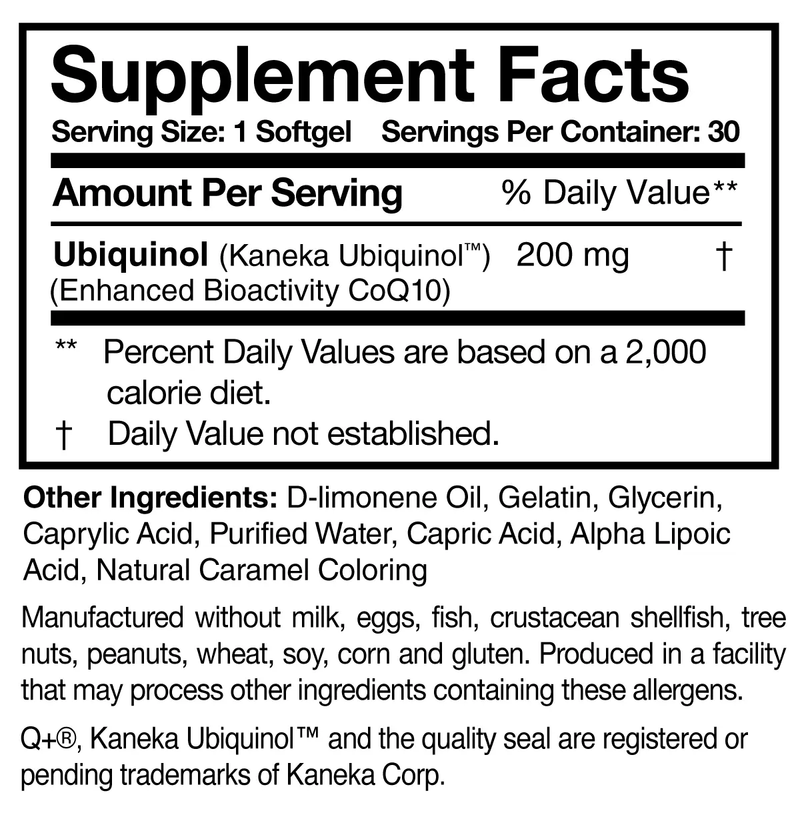 Ubiquinol Super 200 Researched Nutritionals supplement facts