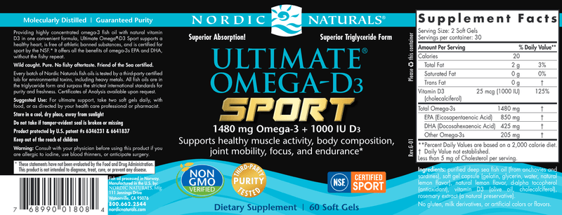 Ultimate Omega-D3 Sport 60 Soft Gels Lemon (Nordic Naturals) Label