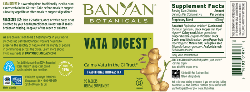 vata digest banyan botanicals label