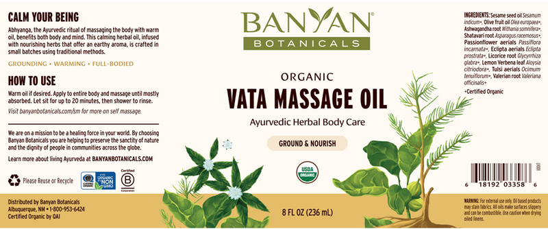 vata massage oil banyan botanicals label