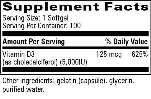 Vitamin D Softgel 5000IU Progressive Labs supplement facts