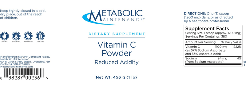 Vitamin C Powder [Reduced Acidity] (Metabolic Maintenance) label