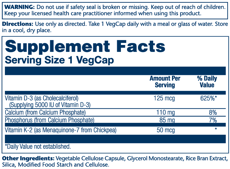 Vitamin D-3 & K-2 Solaray supplement facts