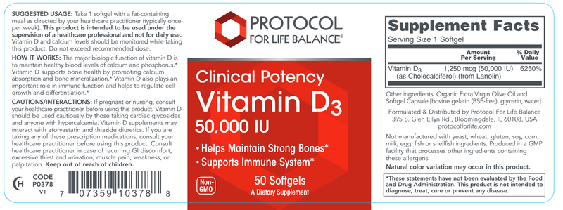 Vitamin D3 50,000 IU (Protocol for Life Balance) Label