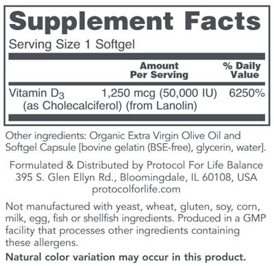 Vitamin D3 50,000 IU (Protocol for Life Balance) Supplement Facts