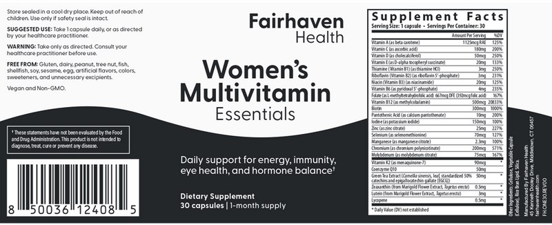 women's multivitamin essentials fairhaven health label