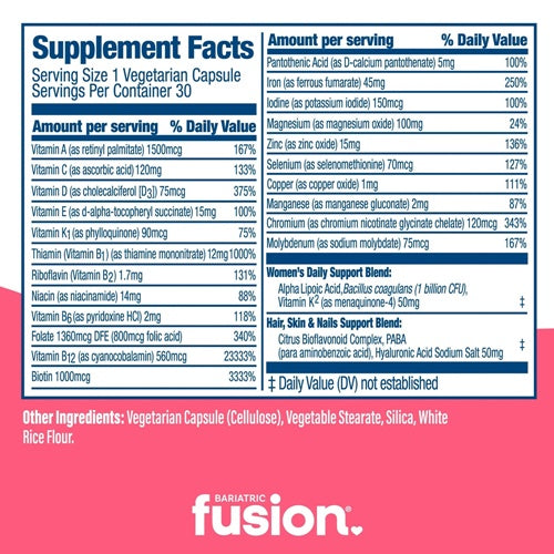 Women’s One Per Day Multivitamin With Iron Capsules Bariatric Fusion supplement facts