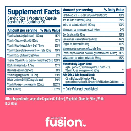 Women’s One Per Day Multivitamin With Iron Capsules Bariatric Fusion supplement facts