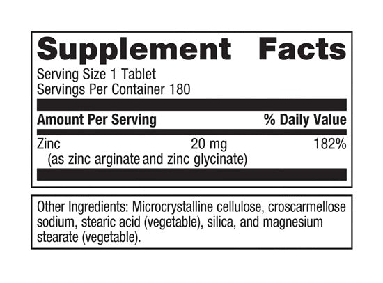 Zinc A.G. 180 Tablets (Metagenics) Supplement Facts